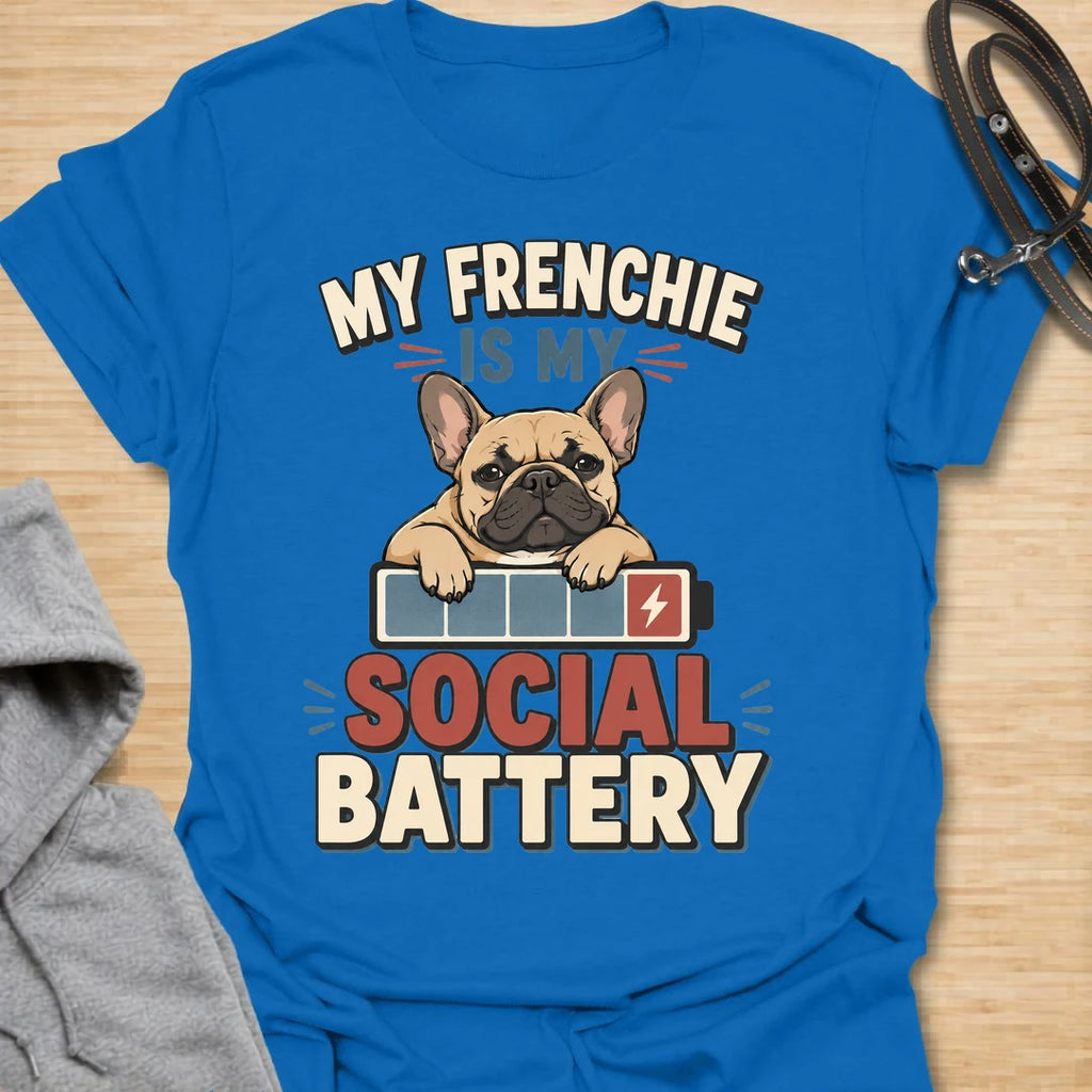 This My Frenchie Is My Social Battery t-shirt is made for French Bulldog lovers who know their little dog is the only social support they need. Featuring a tired Frenchie resting on a battery graphic with bold retro lettering, this design has a funny, relatable feel for introverted dog parents and Frenchie fans. Perfect for Frenchie moms, Frenchie dads, French Bulldog owners, rescue dog lovers, and anyone whose social battery is powered by their dog.
