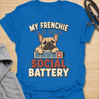 This My Frenchie Is My Social Battery t-shirt is made for French Bulldog lovers who know their little dog is the only social support they need. Featuring a tired Frenchie resting on a battery graphic with bold retro lettering, this design has a funny, relatable feel for introverted dog parents and Frenchie fans. Perfect for Frenchie moms, Frenchie dads, French Bulldog owners, rescue dog lovers, and anyone whose social battery is powered by their dog.