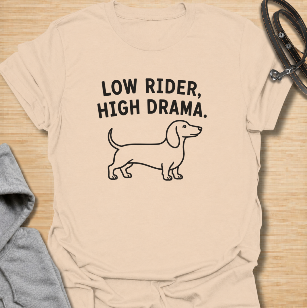 Low to the ground and never short on drama. This funny dachshund T-shirt features a clean minimalist sausage dog illustration with the phrase “Low Rider, High Drama.” A simple, wearable gift for dachshund owners, doxie lovers, dog moms, and anyone familiar with the breed’s larger-than-life personality.