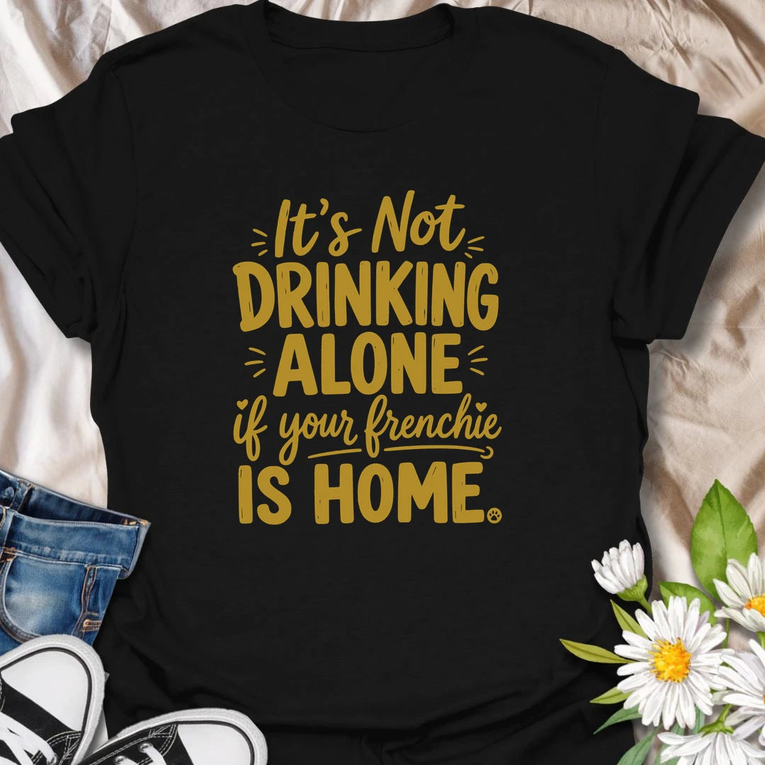 It is never really drinking alone when your Frenchie is home keeping you company. This funny French Bulldog T-shirt is perfect for relaxing evenings, casual gatherings, and devoted bulldog owners. A playful gift for Frenchie moms, dads, and dog lovers with a loyal drinking buddy.