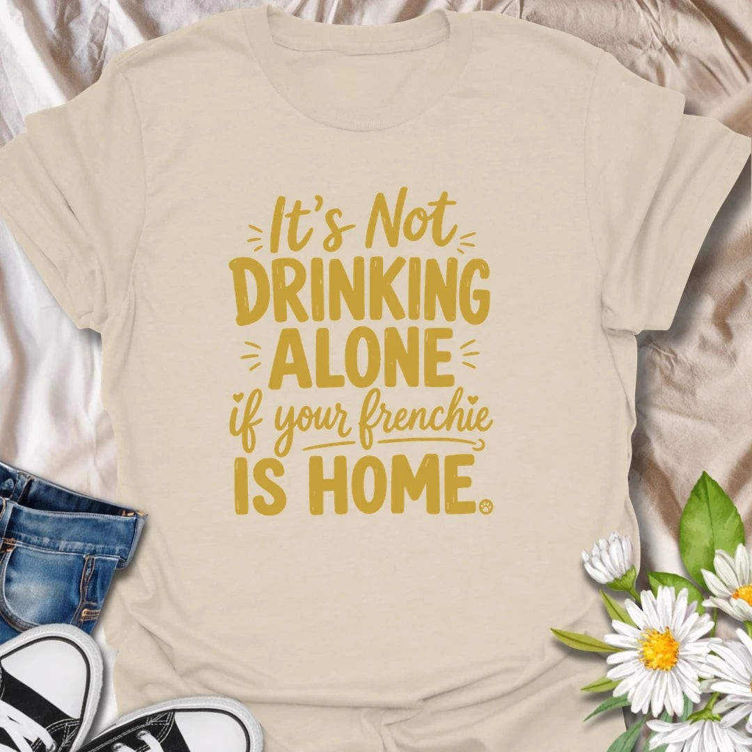 It is never really drinking alone when your Frenchie is home keeping you company. This funny French Bulldog T-shirt is perfect for relaxing evenings, casual gatherings, and devoted bulldog owners. A playful gift for Frenchie moms, dads, and dog lovers with a loyal drinking buddy.