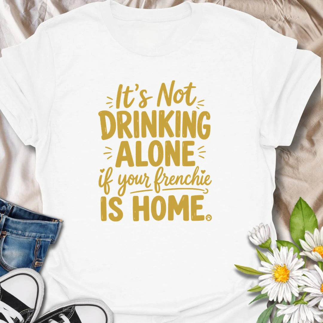 It is never really drinking alone when your Frenchie is home keeping you company. This funny French Bulldog T-shirt is perfect for relaxing evenings, casual gatherings, and devoted bulldog owners. A playful gift for Frenchie moms, dads, and dog lovers with a loyal drinking buddy.