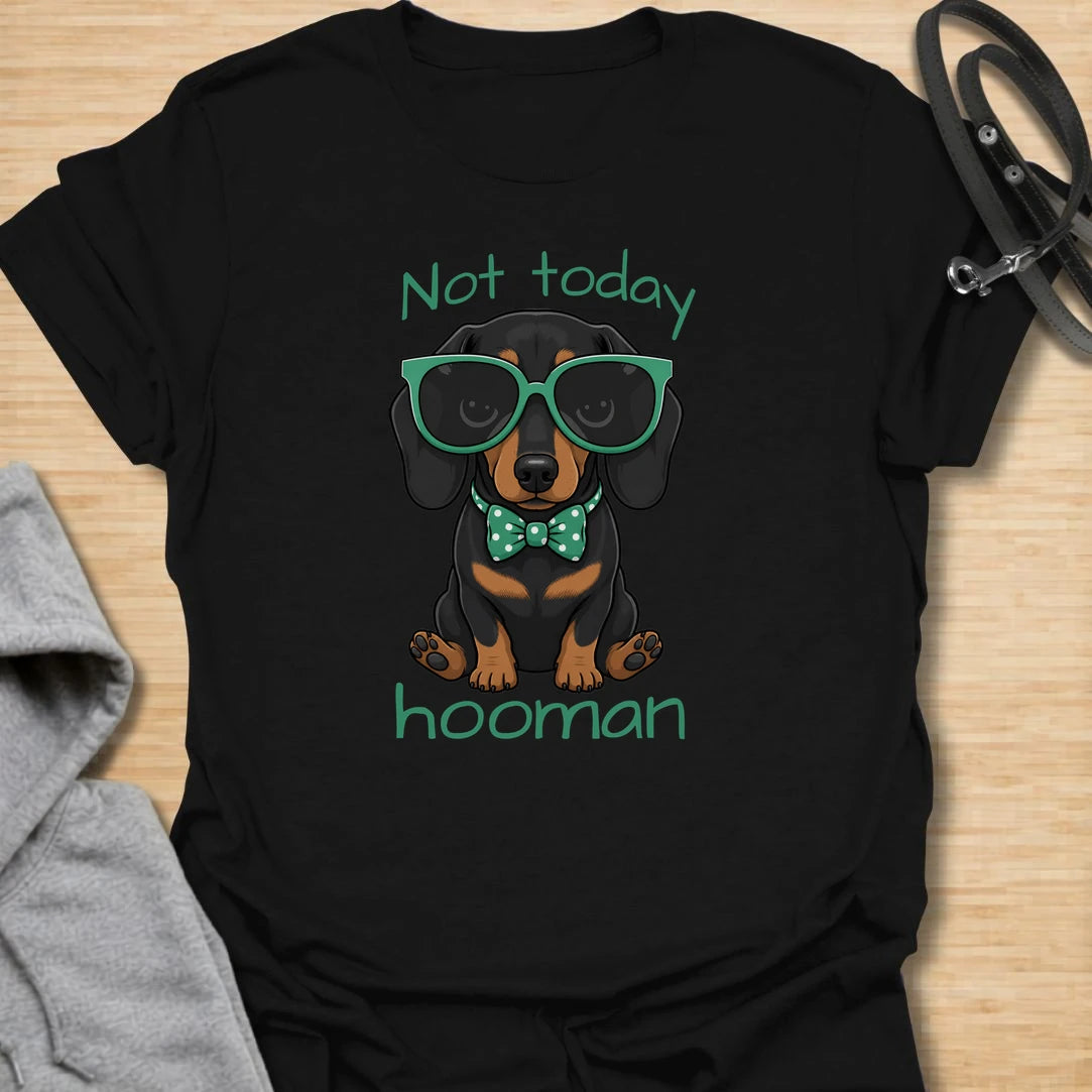 Not Today Hooman t-shirt for dachshund lovers who know their dog has strong boundaries and an even stronger personality. This cute black and tan dachshund design features oversized sunglasses, a bow tie, and the phrase “Not Today Hooman.” Perfect for doxie moms, sausage dog owners, and anyone who loves funny dog attitude shirts.