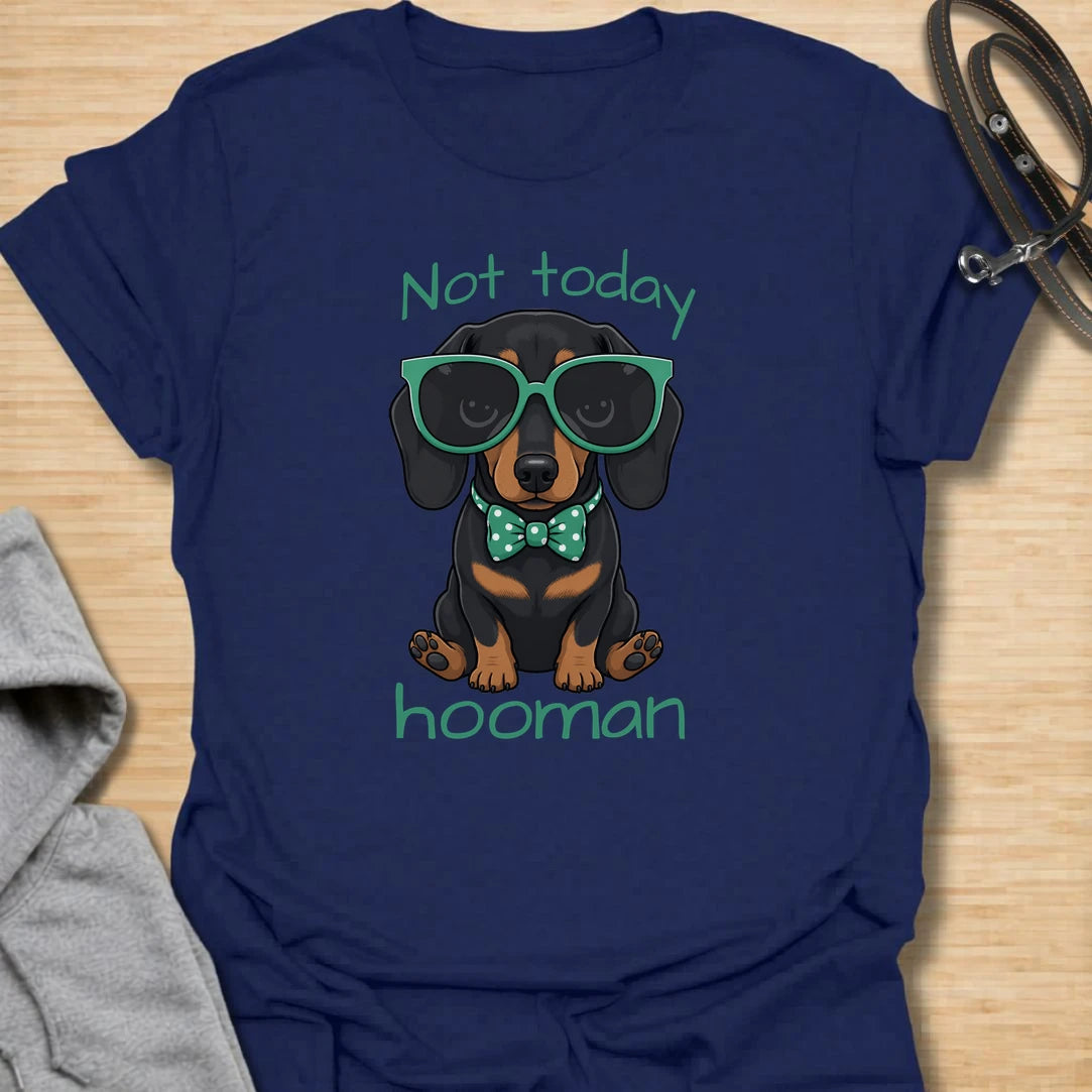 Not Today Hooman t-shirt for dachshund lovers who know their dog has strong boundaries and an even stronger personality. This cute black and tan dachshund design features oversized sunglasses, a bow tie, and the phrase “Not Today Hooman.” Perfect for doxie moms, sausage dog owners, and anyone who loves funny dog attitude shirts.