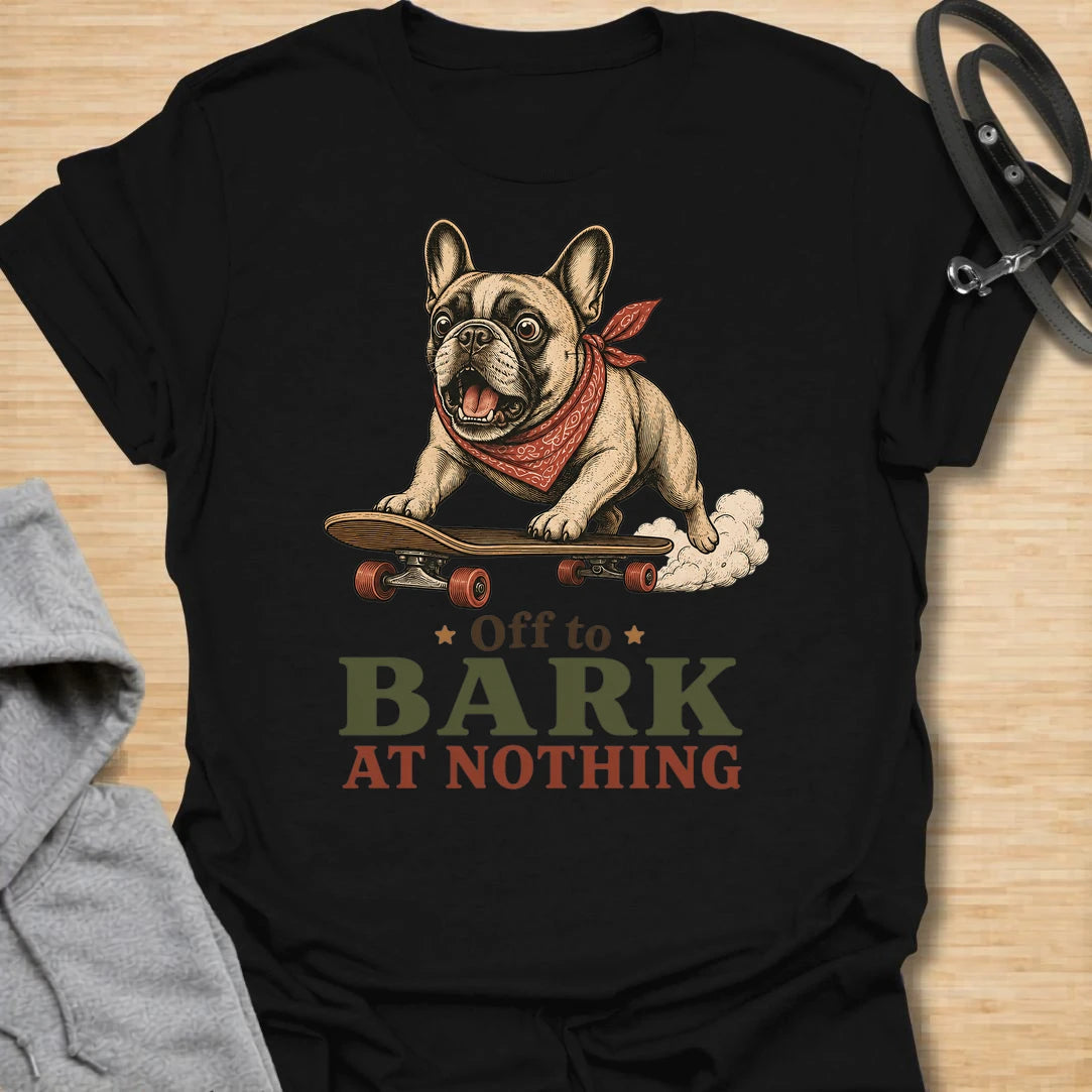 This Off To Bark At Nothing t-shirt is made for French Bulldog lovers who know their little dog can find a reason to bark at absolutely anything. Featuring a playful Frenchie riding a skateboard with a red bandana, bold retro lettering, and a funny chaotic-dog message, this design has a fun breed-specific feel with plenty of attitude. Perfect for Frenchie moms, Frenchie dads, French Bulldog owners, rescue dog lovers, and anyone whose small dog is always off to make noise for no reason. Black