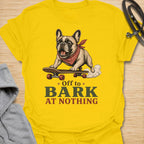 This Off To Bark At Nothing t-shirt is made for French Bulldog lovers who know their little dog can find a reason to bark at absolutely anything. Featuring a playful Frenchie riding a skateboard with a red bandana, bold retro lettering, and a funny chaotic-dog message, this design has a fun breed-specific feel with plenty of attitude. Perfect for Frenchie moms, Frenchie dads, French Bulldog owners, rescue dog lovers, and anyone whose small dog is always off to make noise for no reason. Daisy