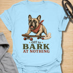 This Off To Bark At Nothing t-shirt is made for French Bulldog lovers who know their little dog can find a reason to bark at absolutely anything. Featuring a playful Frenchie riding a skateboard with a red bandana, bold retro lettering, and a funny chaotic-dog message, this design has a fun breed-specific feel with plenty of attitude. Perfect for Frenchie moms, Frenchie dads, French Bulldog owners, rescue dog lovers, and anyone whose small dog is always off to make noise for no reason. Light Blue
