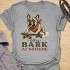 This Off To Bark At Nothing t-shirt is made for French Bulldog lovers who know their little dog can find a reason to bark at absolutely anything. Featuring a playful Frenchie riding a skateboard with a red bandana, bold retro lettering, and a funny chaotic-dog message, this design has a fun breed-specific feel with plenty of attitude. Perfect for Frenchie moms, Frenchie dads, French Bulldog owners, rescue dog lovers, and anyone whose small dog is always off to make noise for no reason. Sport Grey
