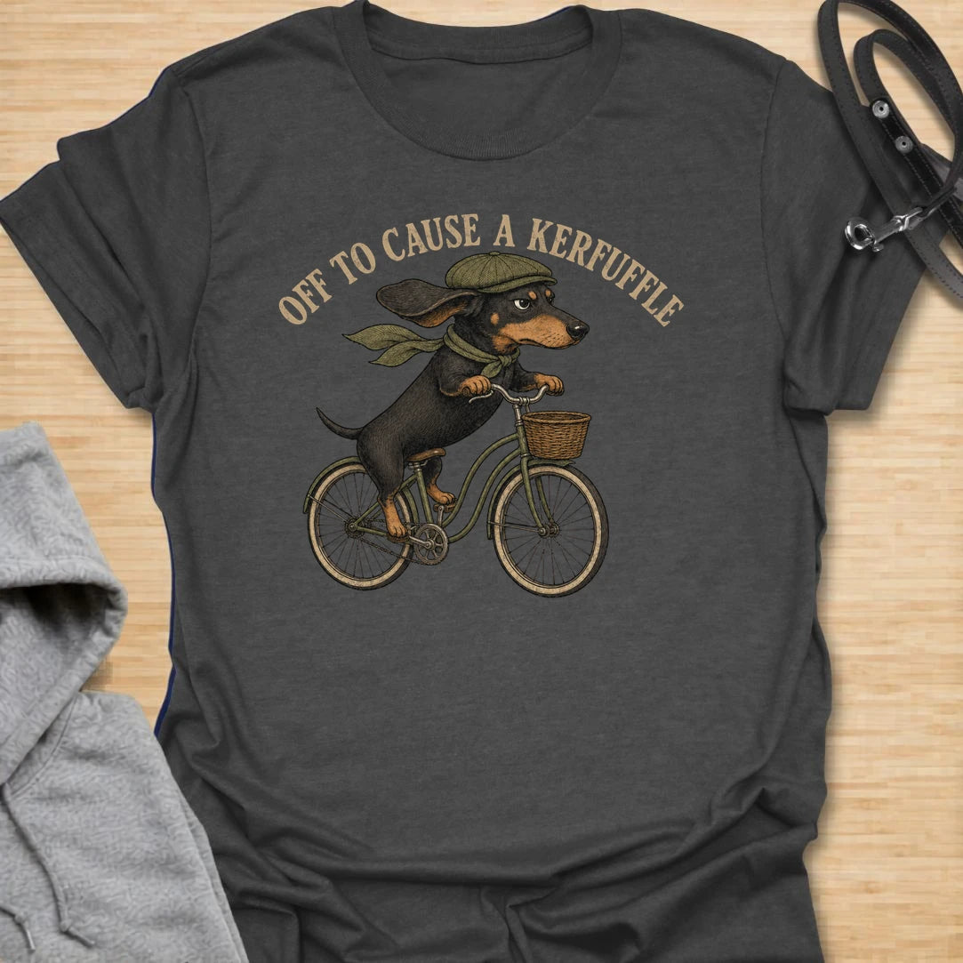 This Off To Cause A Kerfuffle t-shirt is made for dachshund lovers who know their little long dog is always headed somewhere to create a situation. Featuring a determined dachshund riding a vintage bike with flying ears and classic muted colors, this design has a funny chaotic dog-parent feel. Perfect for dachshund moms, dachshund dads, wiener dog fans, rescue dog lovers, and anyone whose doxie is always on a mission.