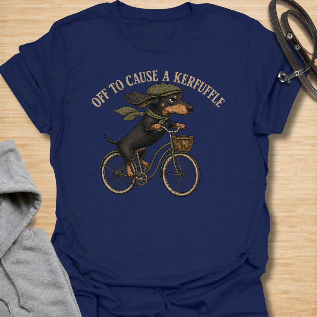 This Off To Cause A Kerfuffle t-shirt is made for dachshund lovers who know their little long dog is always headed somewhere to create a situation. Featuring a determined dachshund riding a vintage bike with flying ears and classic muted colors, this design has a funny chaotic dog-parent feel. Perfect for dachshund moms, dachshund dads, wiener dog fans, rescue dog lovers, and anyone whose doxie is always on a mission.