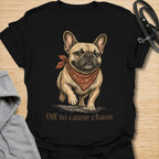  This Off to Cause Chaos French Bulldog t-shirt is perfect for dog lovers who know Frenchies are small, stubborn, adorable, and always up to something. Featuring a confident vintage-style French Bulldog illustration with a red bandana and the playful phrase “Off to cause chaos,” this design captures the mischievous, funny personality the breed is known for. A great gift for French Bulldog moms, Frenchie dads, dog owners, pet lovers, and anyone obsessed with their little chaos gremlin. Black