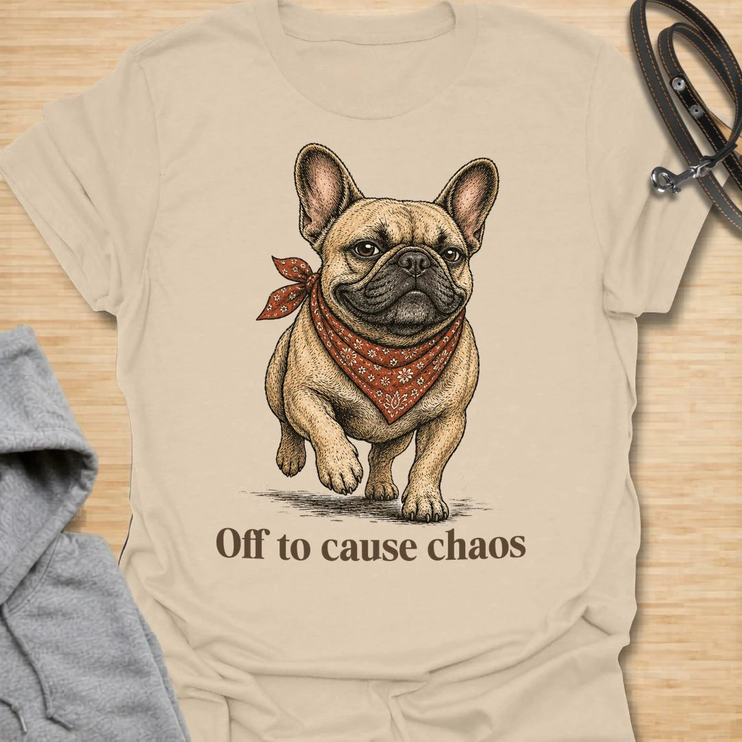 This Off to Cause Chaos French Bulldog t-shirt is perfect for dog lovers who know Frenchies are small, stubborn, adorable, and always up to something. Featuring a confident vintage-style French Bulldog illustration with a red bandana and the playful phrase “Off to cause chaos,” this design captures the mischievous, funny personality the breed is known for. A great gift for French Bulldog moms, Frenchie dads, dog owners, pet lovers, and anyone obsessed with their little chaos gremlin. Sand