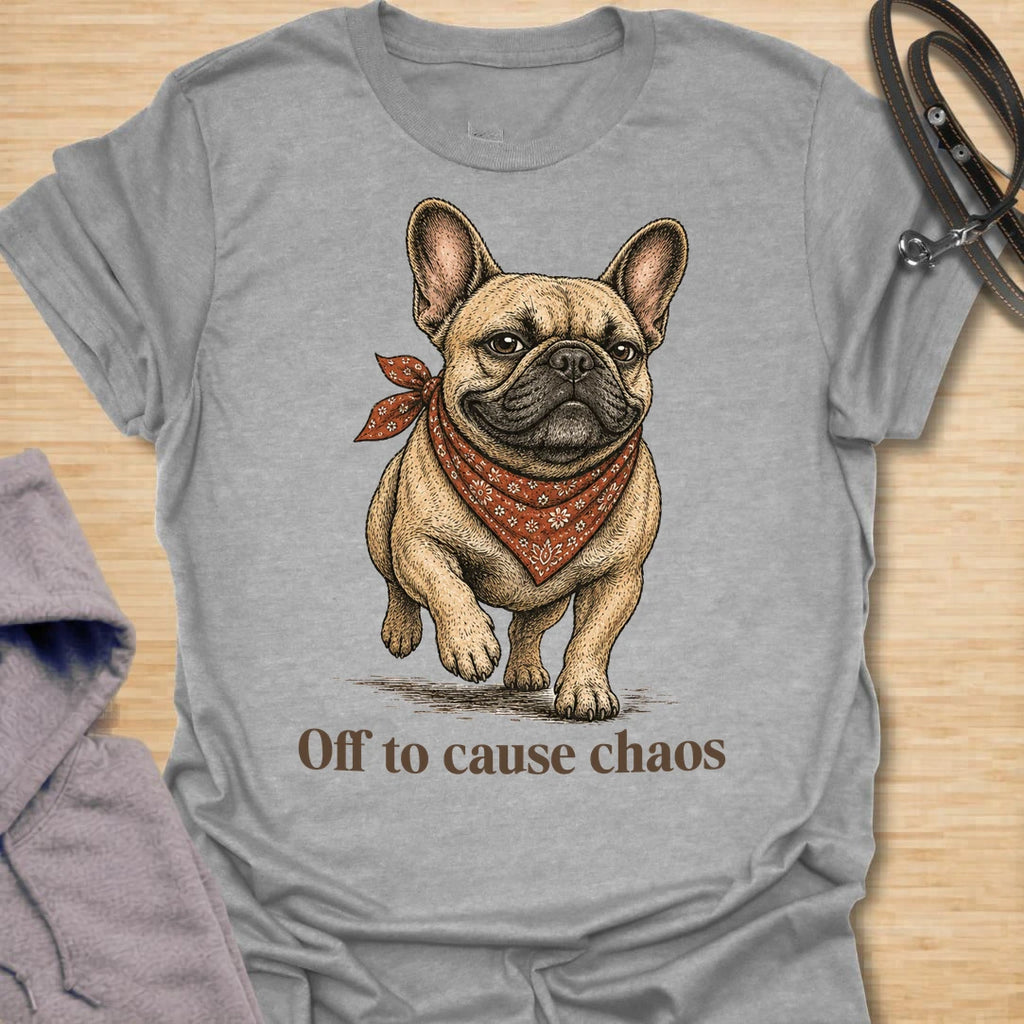 This Off to Cause Chaos French Bulldog t-shirt is perfect for dog lovers who know Frenchies are small, stubborn, adorable, and always up to something. Featuring a confident vintage-style French Bulldog illustration with a red bandana and the playful phrase “Off to cause chaos,” this design captures the mischievous, funny personality the breed is known for. A great gift for French Bulldog moms, Frenchie dads, dog owners, pet lovers, and anyone obsessed with their little chaos gremlin. Sport Grey