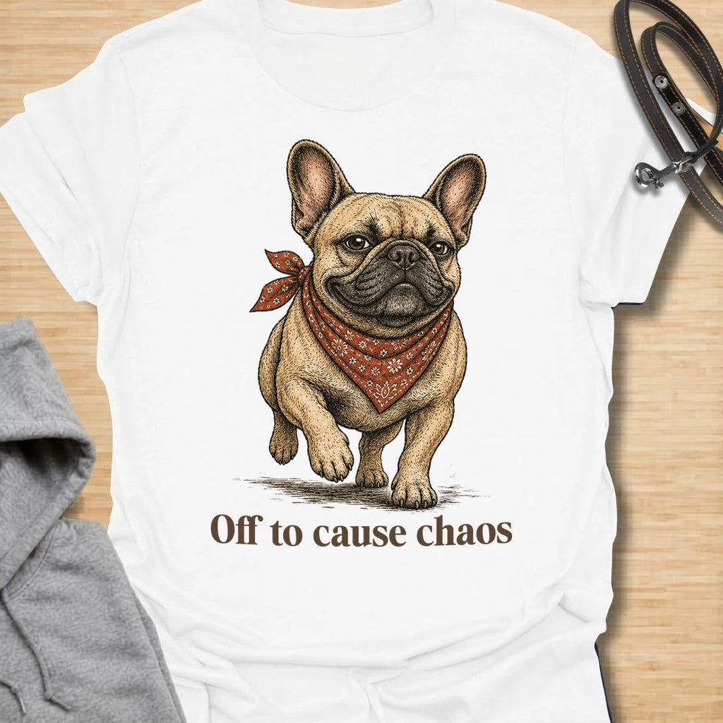 This Off to Cause Chaos French Bulldog t-shirt is perfect for dog lovers who know Frenchies are small, stubborn, adorable, and always up to something. Featuring a confident vintage-style French Bulldog illustration with a red bandana and the playful phrase “Off to cause chaos,” this design captures the mischievous, funny personality the breed is known for. A great gift for French Bulldog moms, Frenchie dads, dog owners, pet lovers, and anyone obsessed with their little chaos gremlin. White