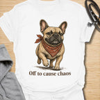 This Off to Cause Chaos French Bulldog t-shirt is perfect for dog lovers who know Frenchies are small, stubborn, adorable, and always up to something. Featuring a confident vintage-style French Bulldog illustration with a red bandana and the playful phrase “Off to cause chaos,” this design captures the mischievous, funny personality the breed is known for. A great gift for French Bulldog moms, Frenchie dads, dog owners, pet lovers, and anyone obsessed with their little chaos gremlin. White