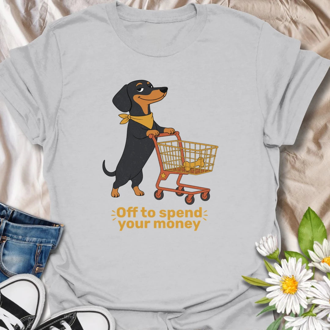 This confident dachshund is off to fill the cart and spend your money on the important things, especially treats. The playful shopping artwork captures the demanding charm and expensive tastes of a spoiled doxie. A funny gift for dachshund owners who know exactly who controls the household budget.