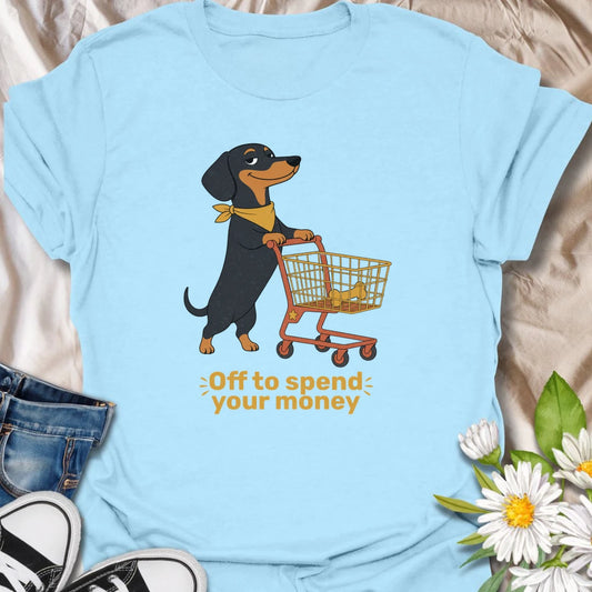 This confident dachshund is off to fill the cart and spend your money on the important things, especially treats. The playful shopping artwork captures the demanding charm and expensive tastes of a spoiled doxie. A funny gift for dachshund owners who know exactly who controls the household budget.