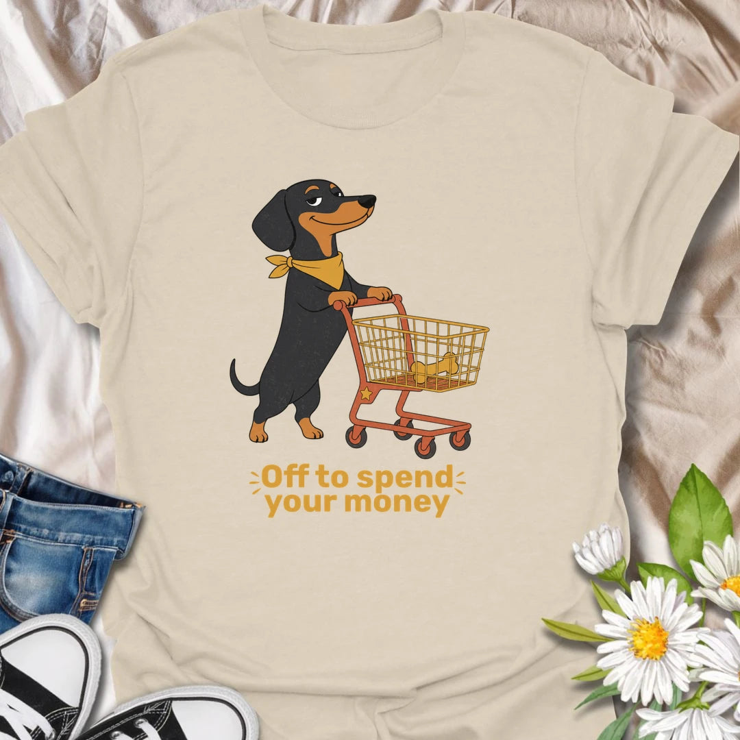 This confident dachshund is off to fill the cart and spend your money on the important things, especially treats. The playful shopping artwork captures the demanding charm and expensive tastes of a spoiled doxie. A funny gift for dachshund owners who know exactly who controls the household budget.