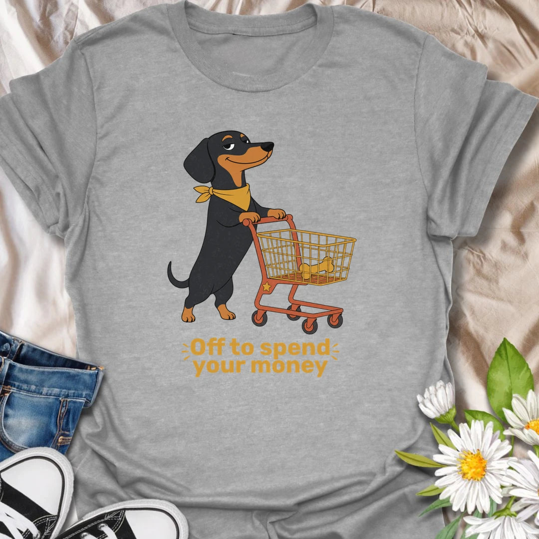 This confident dachshund is off to fill the cart and spend your money on the important things, especially treats. The playful shopping artwork captures the demanding charm and expensive tastes of a spoiled doxie. A funny gift for dachshund owners who know exactly who controls the household budget.
