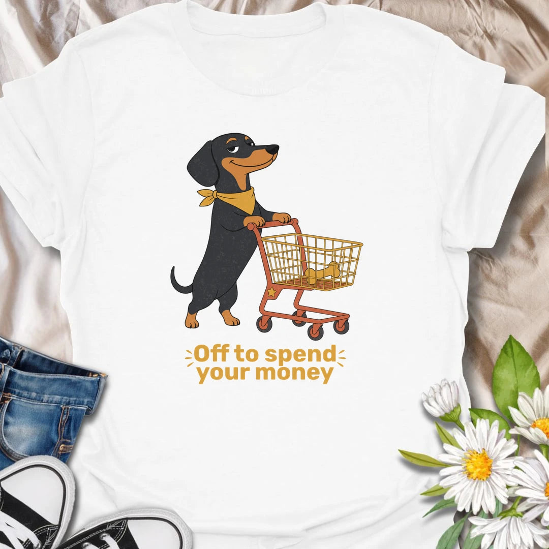 This confident dachshund is off to fill the cart and spend your money on the important things, especially treats. The playful shopping artwork captures the demanding charm and expensive tastes of a spoiled doxie. A funny gift for dachshund owners who know exactly who controls the household budget.