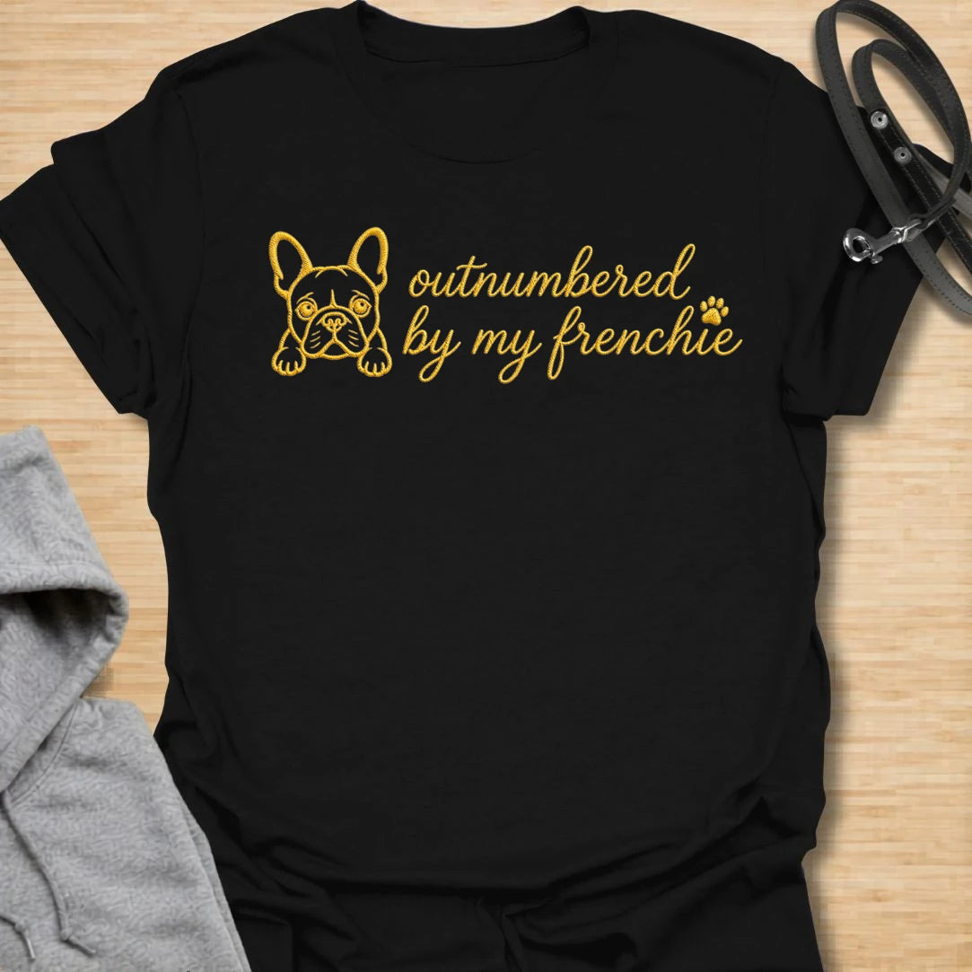 This Outnumbered By My Frenchie faux embroidery t-shirt is made for French Bulldog lovers who know their little dog may be small, but somehow takes up the whole house. Featuring a simple Frenchie line-art face with paw print detail and playful script text, this cute breed-specific design is great for Frenchie moms, Frenchie dads, French Bulldog owners, rescue dog lovers, and anyone completely ruled by their Frenchie.