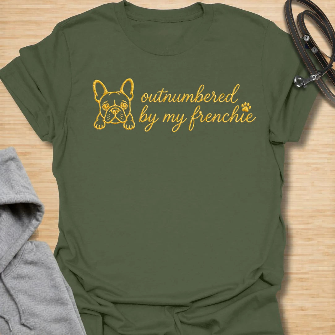 This Outnumbered By My Frenchie faux embroidery t-shirt is made for French Bulldog lovers who know their little dog may be small, but somehow takes up the whole house. Featuring a simple Frenchie line-art face with paw print detail and playful script text, this cute breed-specific design is great for Frenchie moms, Frenchie dads, French Bulldog owners, rescue dog lovers, and anyone completely ruled by their Frenchie.
