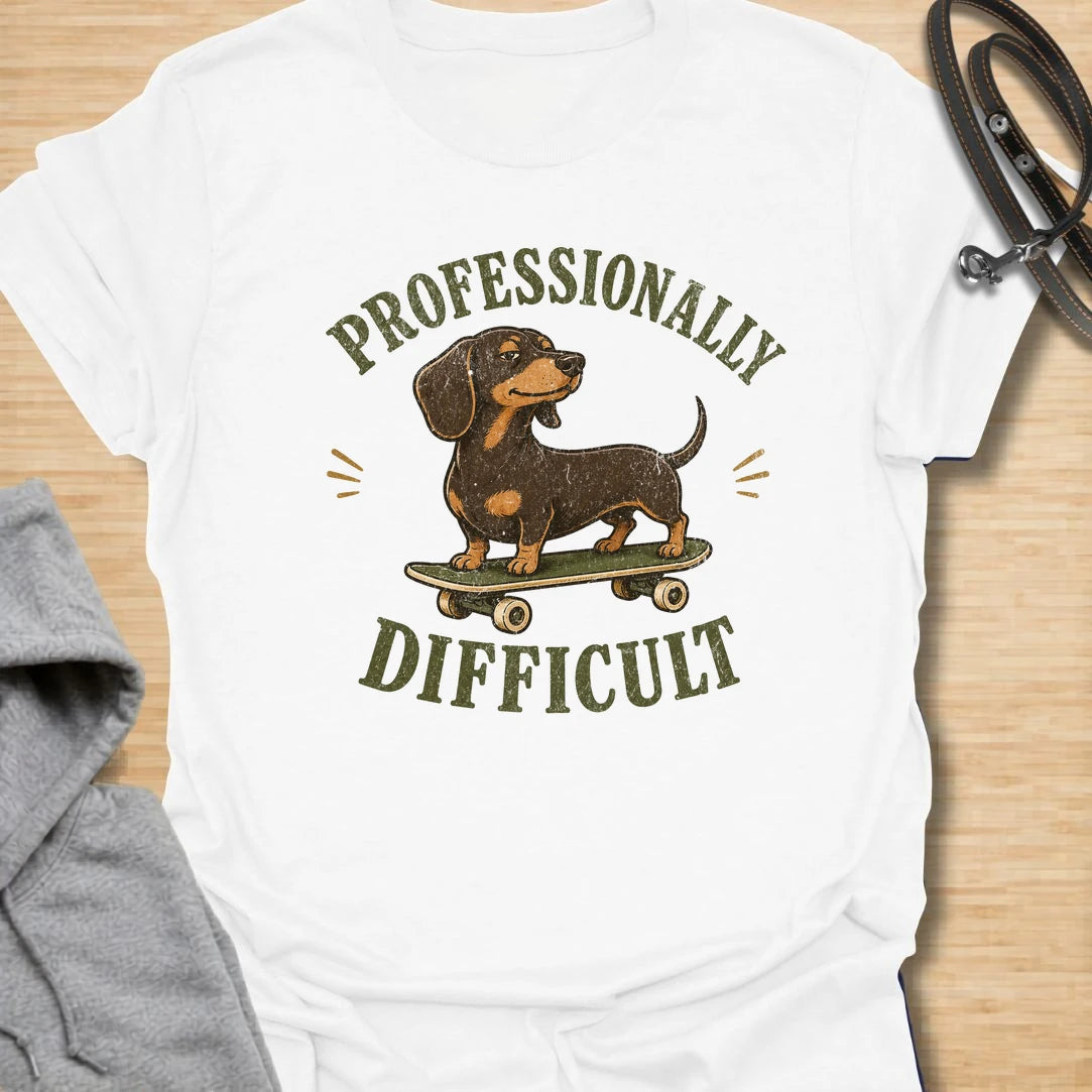 This Professionally Difficult t-shirt is made for dachshund lovers who know their little long dog has turned stubbornness into an art form. Featuring a smug dachshund standing on a skateboard with bold vintage-style lettering, this design has a funny breed-specific attitude. Perfect for dachshund moms, dachshund dads, wiener dog fans, rescue dog lovers, and anyone whose doxie is adorable but absolutely not easy.