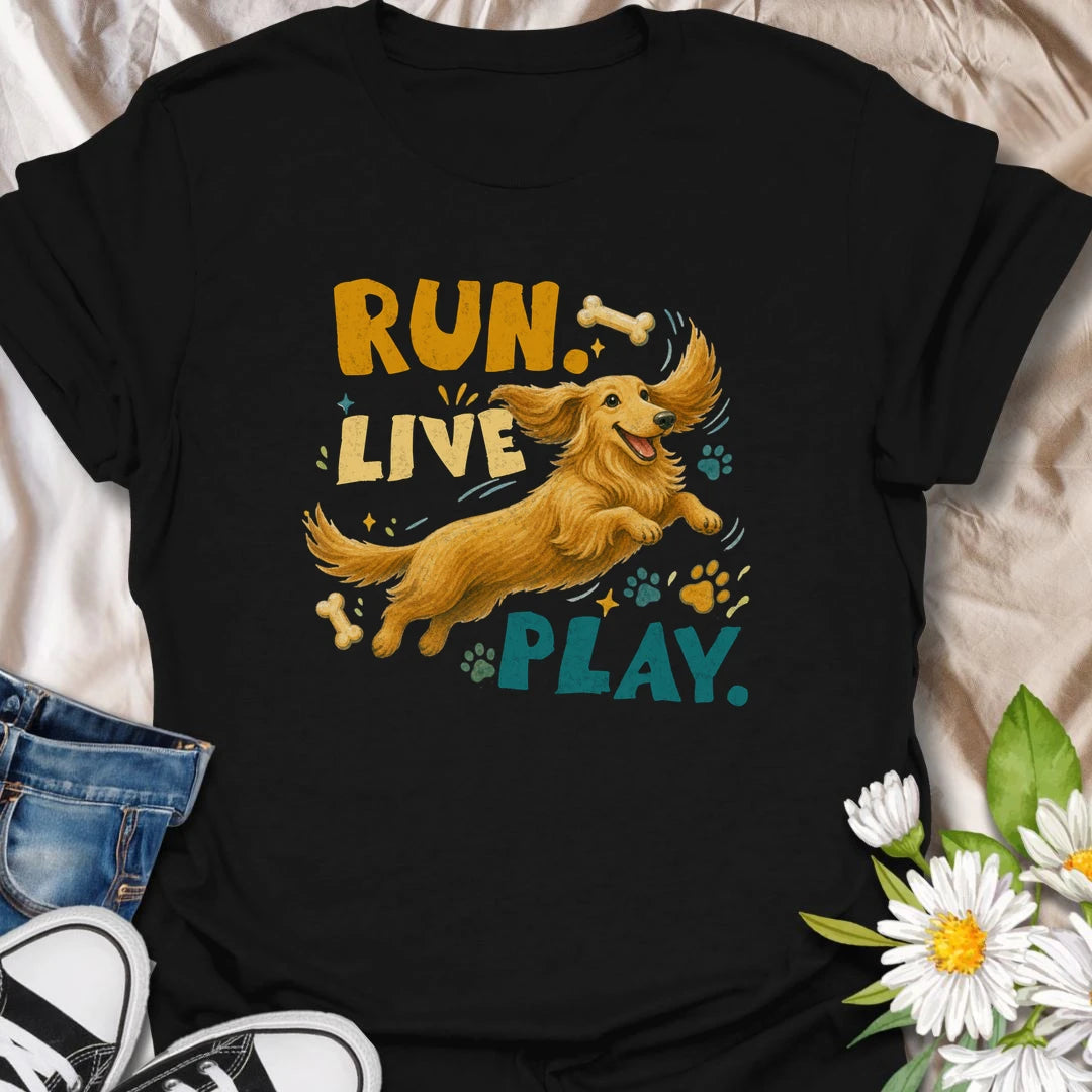 Celebrate the joyful energy of a dachshund with this colorful Run Live Play design. The happy long-haired doxie artwork is perfect for dog lovers who believe every day should include adventure, playtime, and treats. A cheerful dachshund gift for owners of playful sausage dogs.