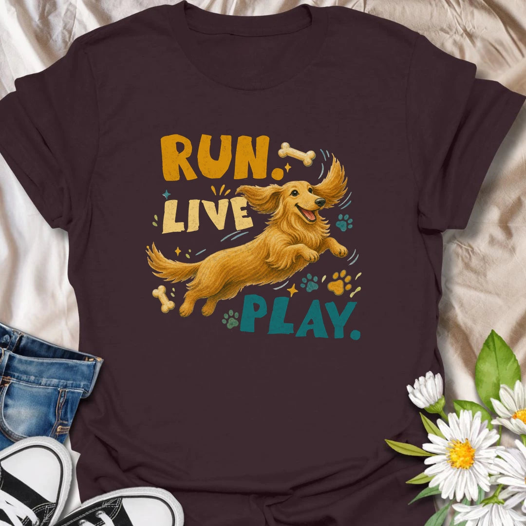 Celebrate the joyful energy of a dachshund with this colorful Run Live Play design. The happy long-haired doxie artwork is perfect for dog lovers who believe every day should include adventure, playtime, and treats. A cheerful dachshund gift for owners of playful sausage dogs.