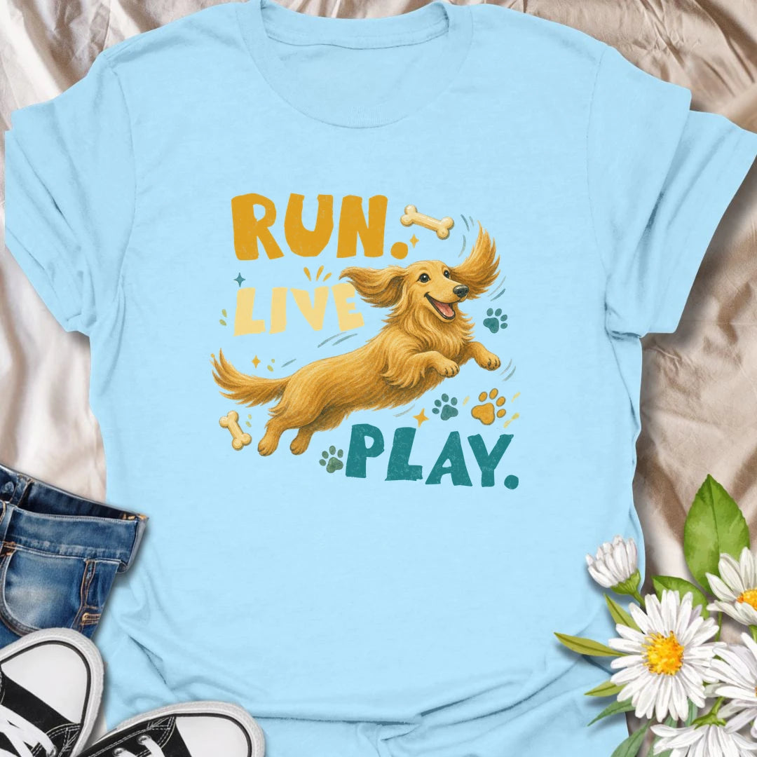 Celebrate the joyful energy of a dachshund with this colorful Run Live Play design. The happy long-haired doxie artwork is perfect for dog lovers who believe every day should include adventure, playtime, and treats. A cheerful dachshund gift for owners of playful sausage dogs.