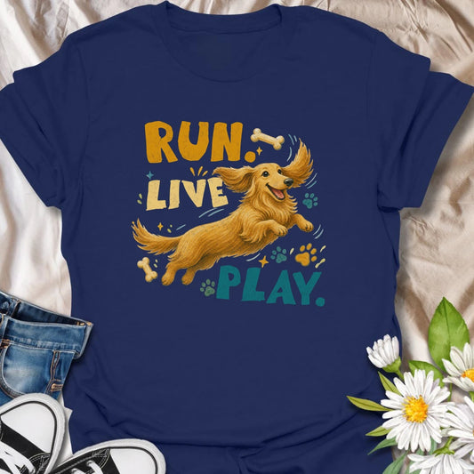 Celebrate the joyful energy of a dachshund with this colorful Run Live Play design. The happy long-haired doxie artwork is perfect for dog lovers who believe every day should include adventure, playtime, and treats. A cheerful dachshund gift for owners of playful sausage dogs.