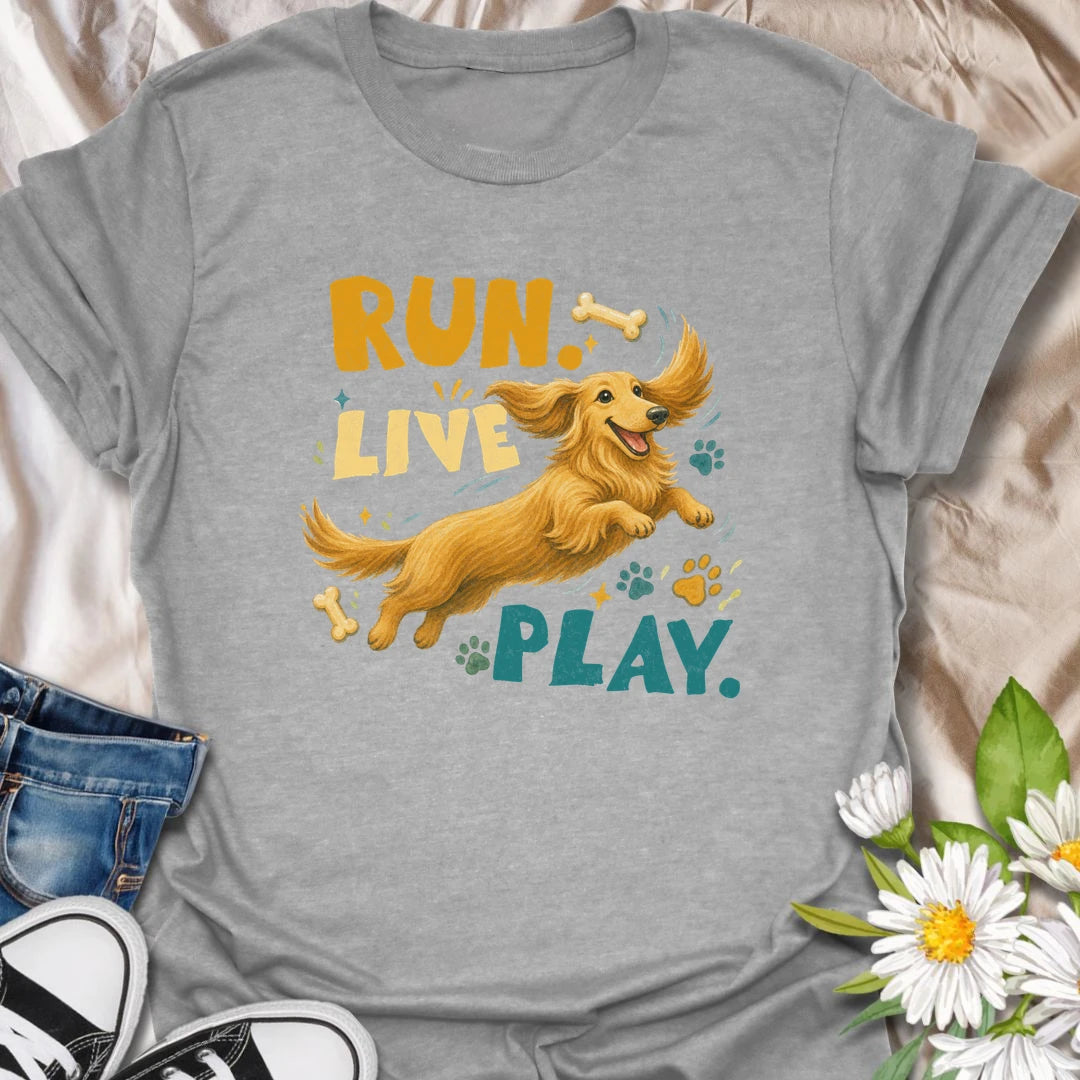 Celebrate the joyful energy of a dachshund with this colorful Run Live Play design. The happy long-haired doxie artwork is perfect for dog lovers who believe every day should include adventure, playtime, and treats. A cheerful dachshund gift for owners of playful sausage dogs.