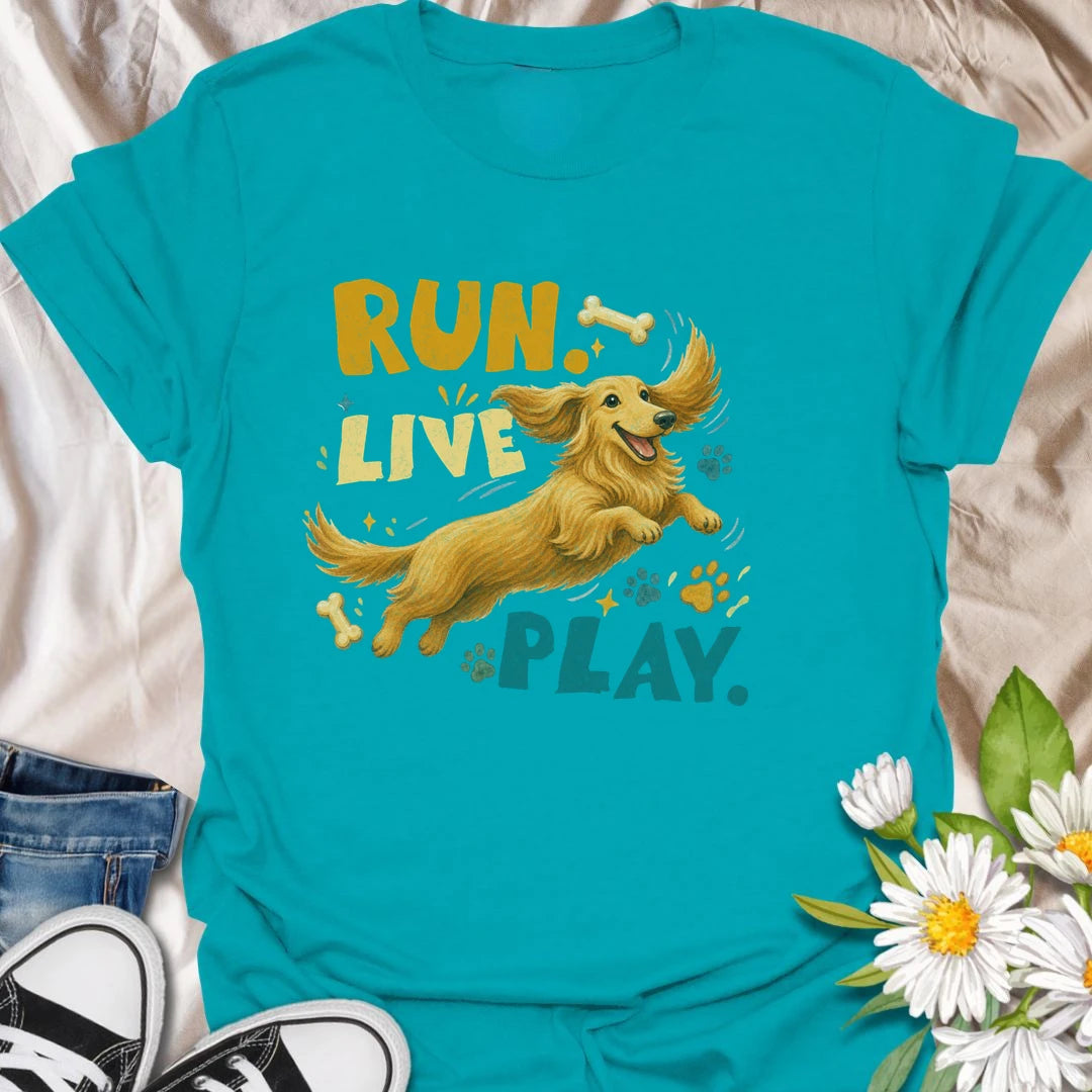 Celebrate the joyful energy of a dachshund with this colorful Run Live Play design. The happy long-haired doxie artwork is perfect for dog lovers who believe every day should include adventure, playtime, and treats. A cheerful dachshund gift for owners of playful sausage dogs.