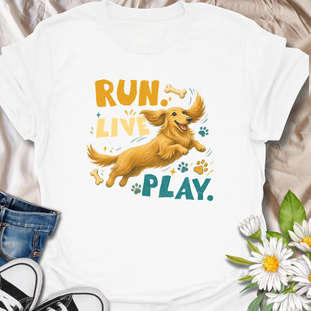 Celebrate the joyful energy of a dachshund with this colorful Run Live Play design. The happy long-haired doxie artwork is perfect for dog lovers who believe every day should include adventure, playtime, and treats. A cheerful dachshund gift for owners of playful sausage dogs.