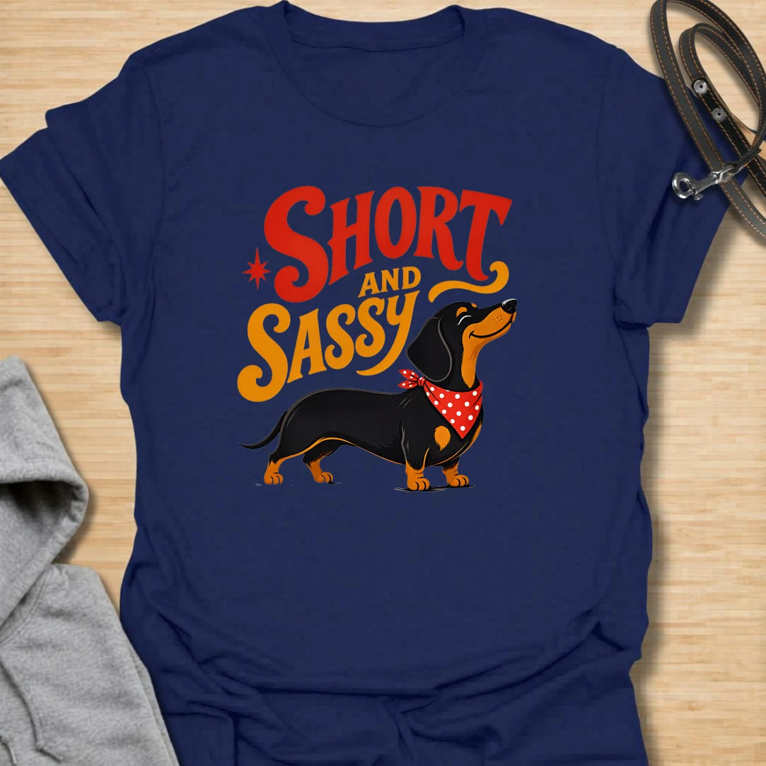 Short and Sassy Dachshund t-shirt for dog lovers who know tiny legs can come with huge personality. This fun retro design features a confident wiener dog with bold vintage lettering, perfect for dachshund owners with a sense of humor. A great gift for dachshund moms, doxie dads, sausage dog fans, and anyone who loves their little dog’s big attitude.