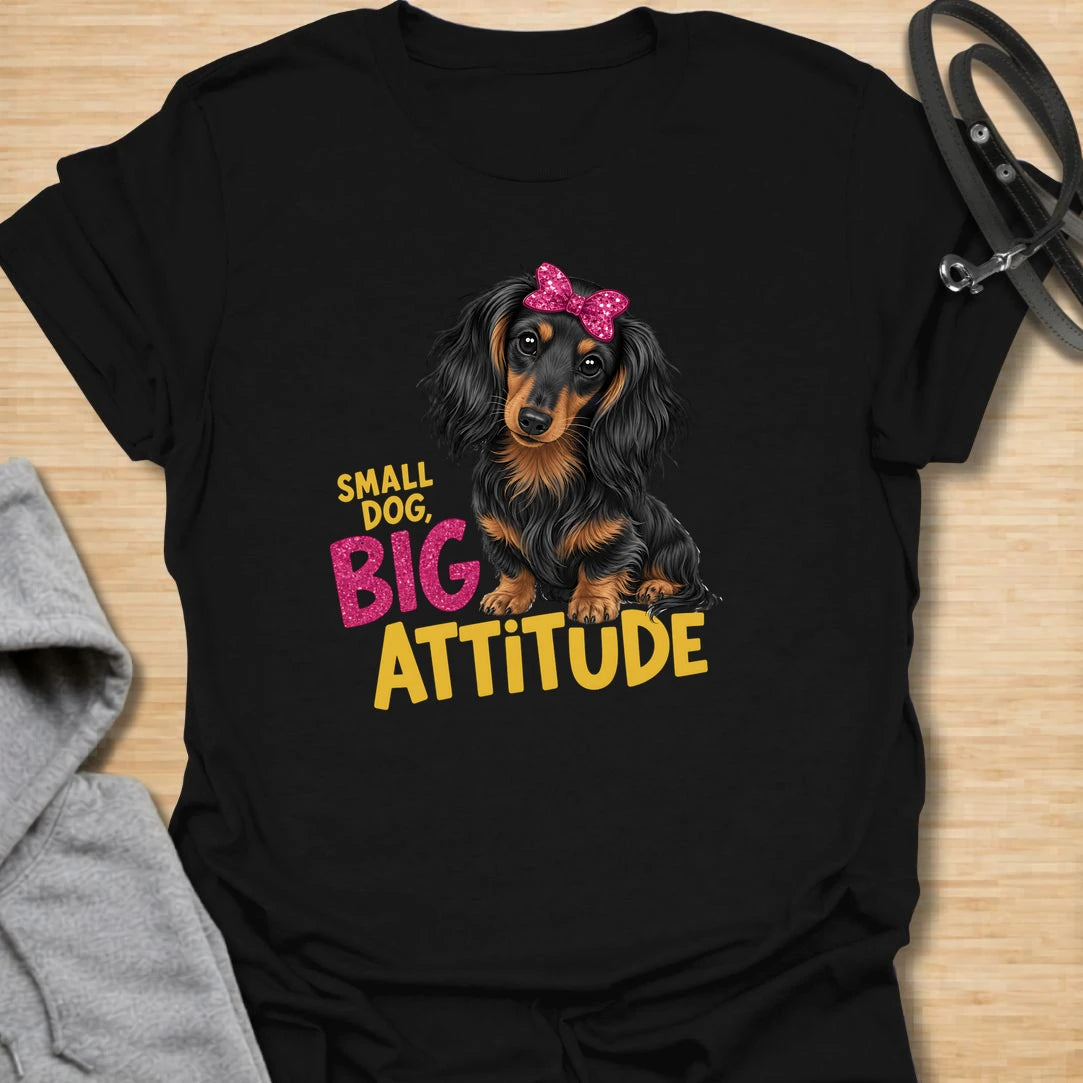 Small Dog Attitude t-shirt for dachshund lovers who know tiny legs can come with a very big personality. This cute long-haired dachshund design features a bright bow and the phrase “Small Dog, Big Attitude.” Perfect for doxie moms, small dog owners, and anyone who loves a sassy sausage dog.