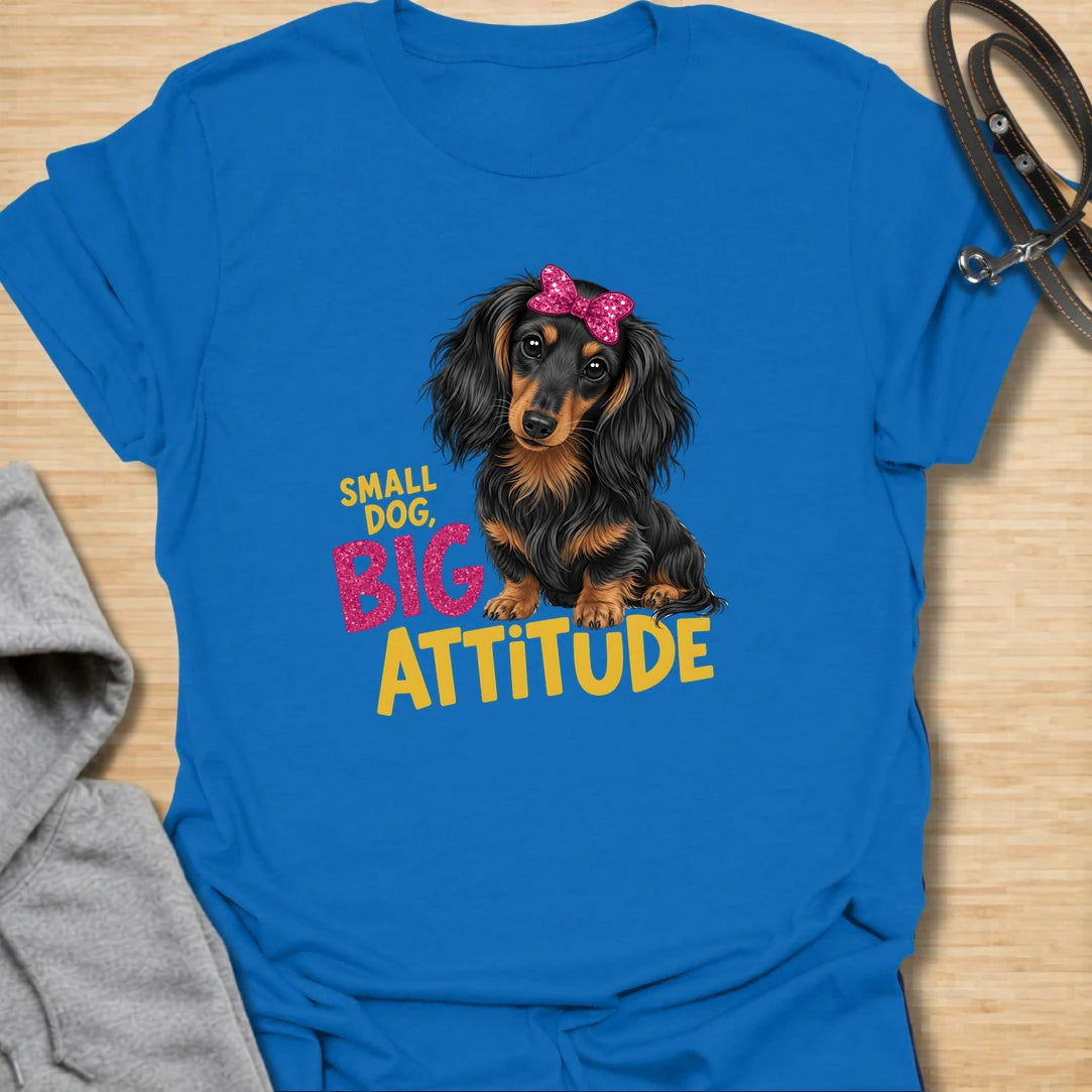 Small Dog Attitude t-shirt for dachshund lovers who know tiny legs can come with a very big personality. This cute long-haired dachshund design features a bright bow and the phrase “Small Dog, Big Attitude.” Perfect for doxie moms, small dog owners, and anyone who loves a sassy sausage dog.