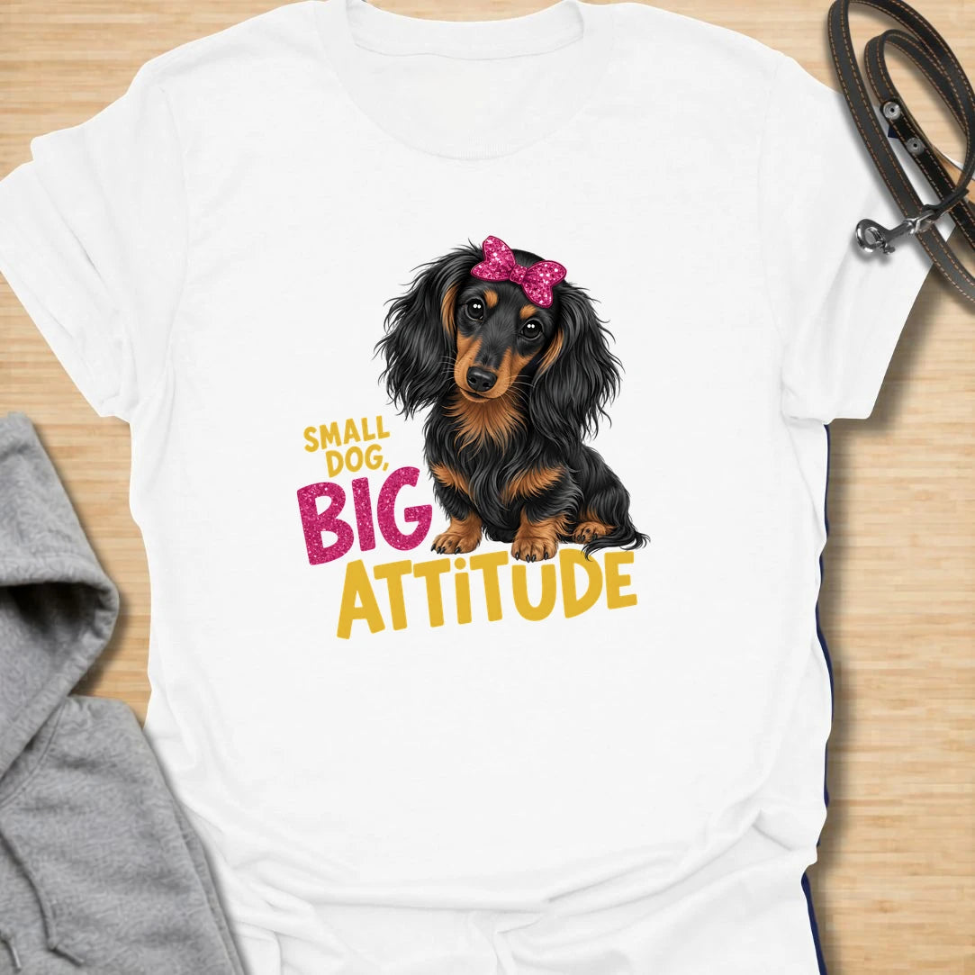 Small Dog Attitude t-shirt for dachshund lovers who know tiny legs can come with a very big personality. This cute long-haired dachshund design features a bright bow and the phrase “Small Dog, Big Attitude.” Perfect for doxie moms, small dog owners, and anyone who loves a sassy sausage dog.
