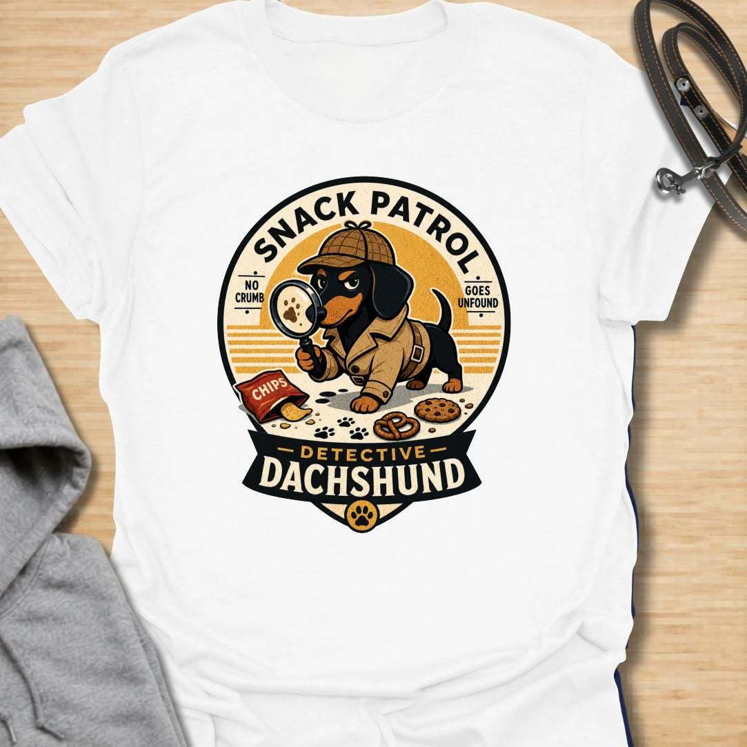 Snack Patrol Detective Dachshund t-shirt for the doxie who is always first on the scene when food appears. This funny badge-style design features a dachshund detective theme with snack details and retro lettering. It is perfect for dachshund owners whose dog monitors every bite, crumb, and kitchen sound. A great gift for wiener dog lovers, sausage dog fans, and food-motivated dog households.