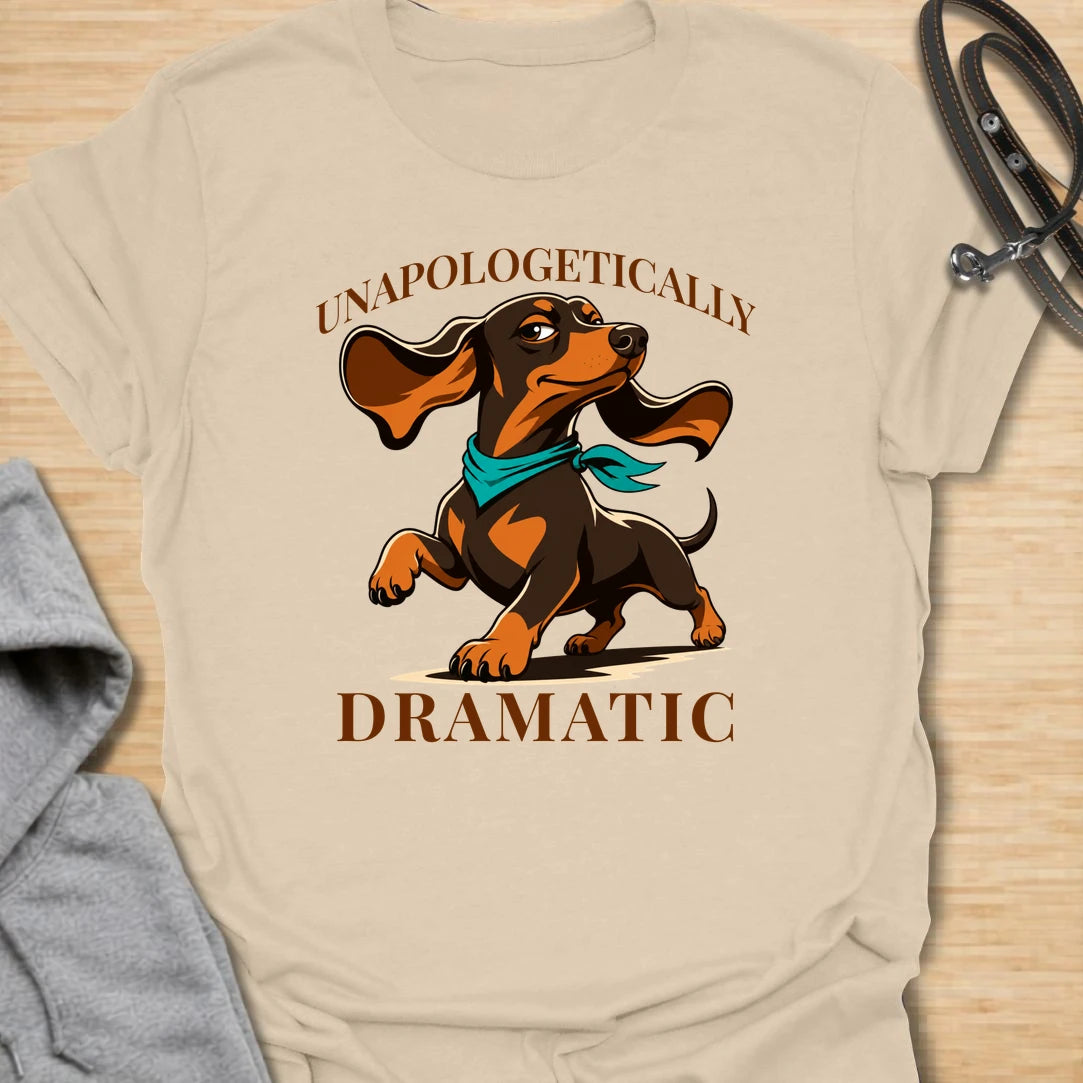 Unapologetically Dramatic Dachshund t-shirt for doxie lovers who know the drama is part of the breed. This bold design features a dachshund in a theatrical pose with strong vintage-style lettering. It is perfect for dachshund moms, dachshund dads, and sausage dog owners who live with big feelings in a tiny body. A funny gift for anyone who understands the dramatic side of wiener dogs.