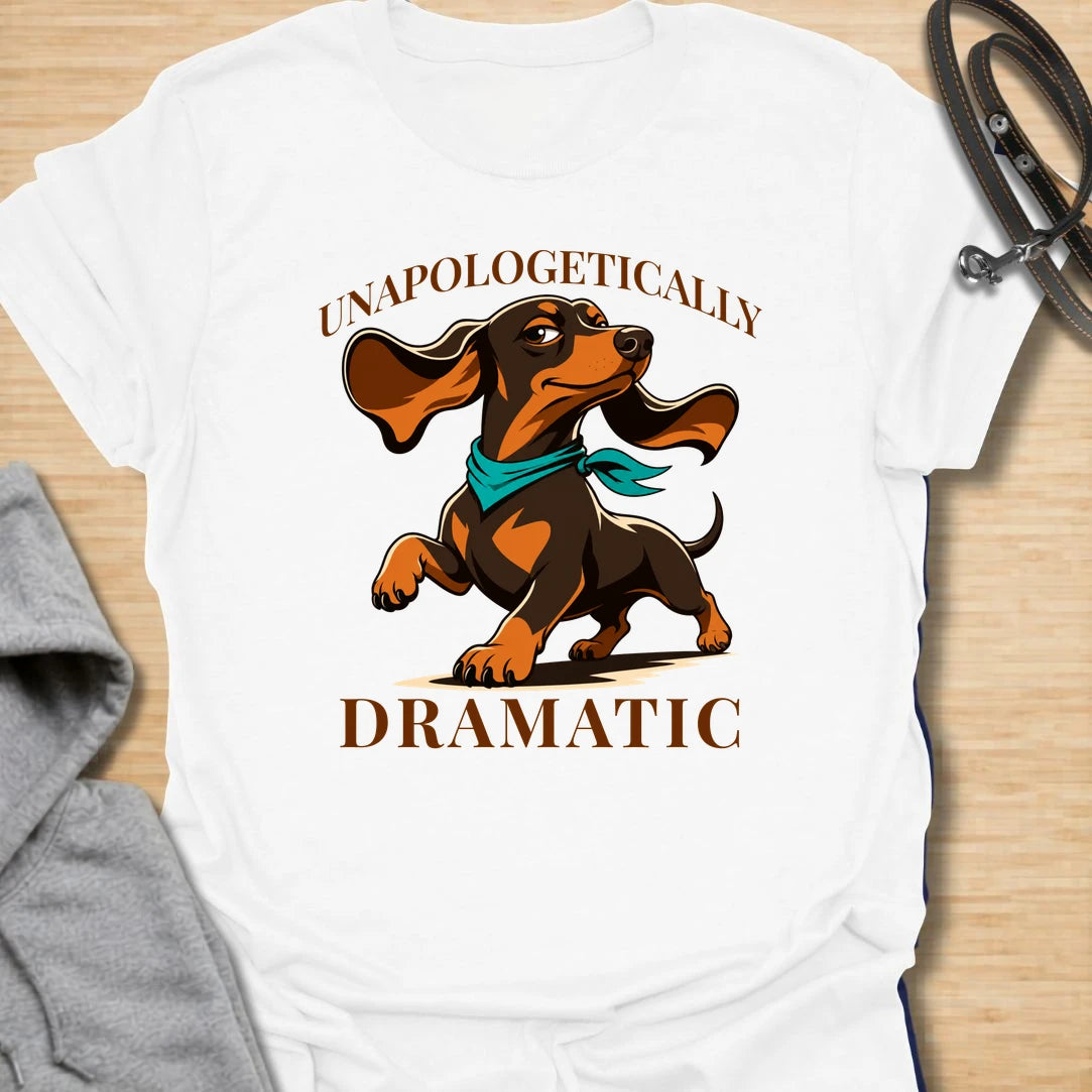 Unapologetically Dramatic Dachshund t-shirt for doxie lovers who know the drama is part of the breed. This bold design features a dachshund in a theatrical pose with strong vintage-style lettering. It is perfect for dachshund moms, dachshund dads, and sausage dog owners who live with big feelings in a tiny body. A funny gift for anyone who understands the dramatic side of wiener dogs.