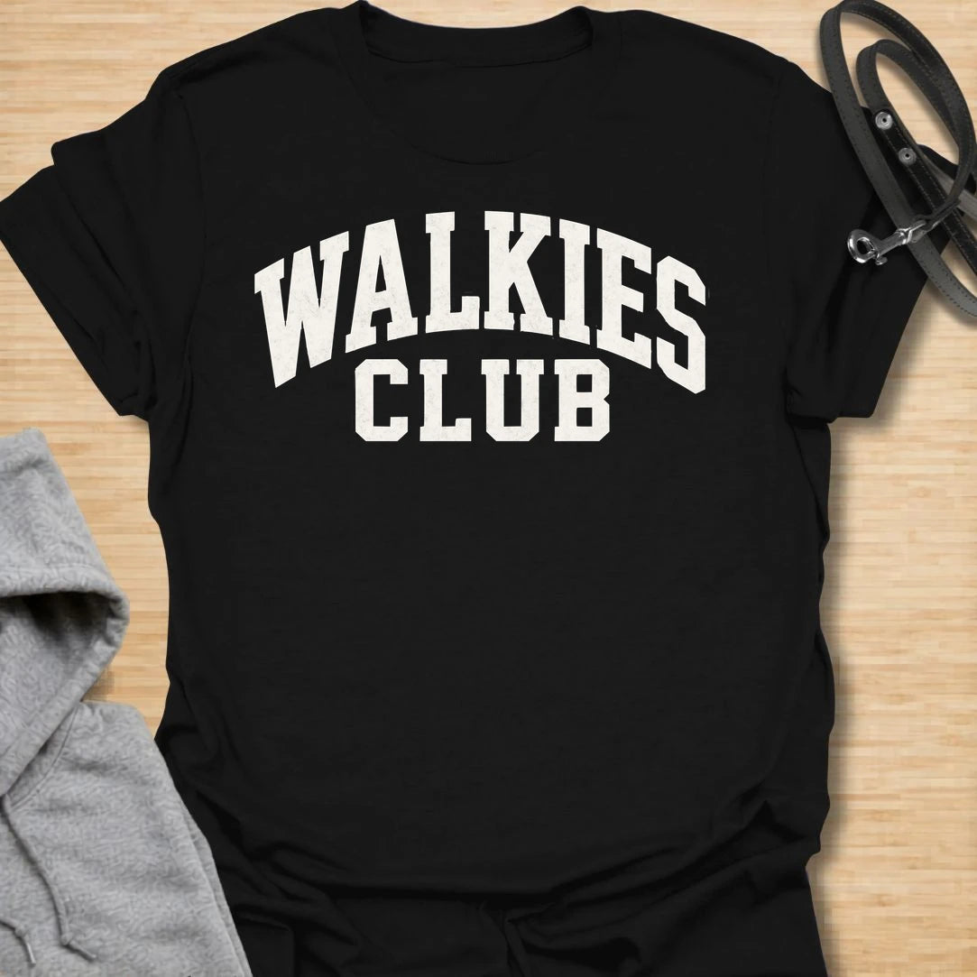This Walkies Club t-shirt is made for dog owners who know the daily walk is less of a choice and more of a lifestyle. The clean varsity-style text design has a simple sporty look that works perfectly for dog moms, dog dads, rescue dog owners, and anyone whose day revolves around walk time. A great gift for dog walkers, pet parents, puppy owners, and anyone proudly signed up to the walkies club. Black