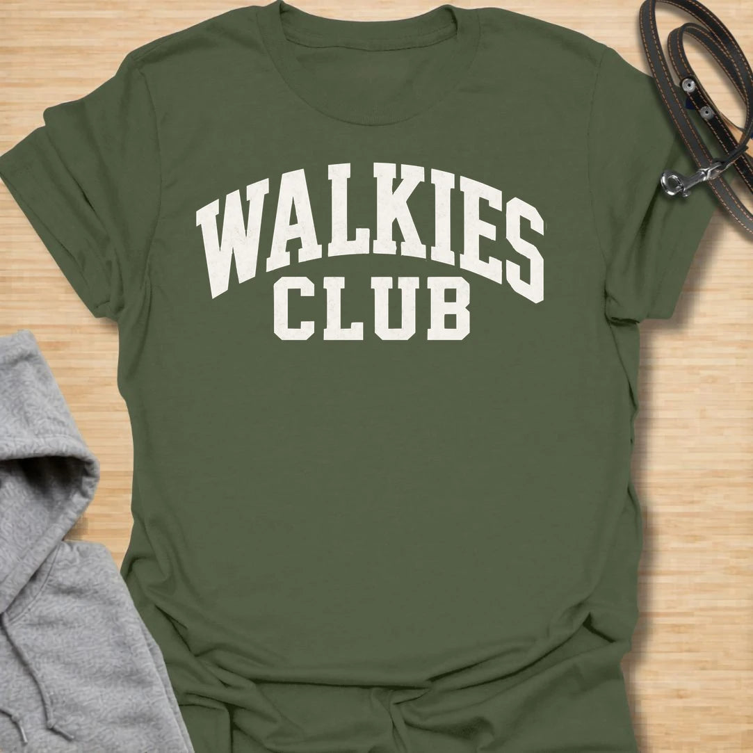 This Walkies Club t-shirt is made for dog owners who know the daily walk is less of a choice and more of a lifestyle. The clean varsity-style text design has a simple sporty look that works perfectly for dog moms, dog dads, rescue dog owners, and anyone whose day revolves around walk time. A great gift for dog walkers, pet parents, puppy owners, and anyone proudly signed up to the walkies club. Military Green