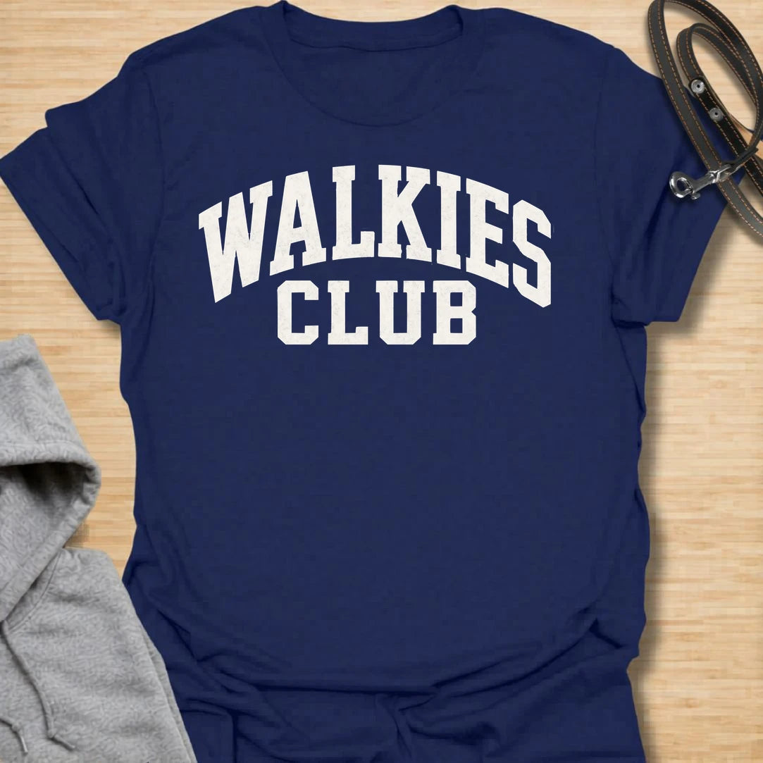 This Walkies Club t-shirt is made for dog owners who know the daily walk is less of a choice and more of a lifestyle. The clean varsity-style text design has a simple sporty look that works perfectly for dog moms, dog dads, rescue dog owners, and anyone whose day revolves around walk time. A great gift for dog walkers, pet parents, puppy owners, and anyone proudly signed up to the walkies club. Navy