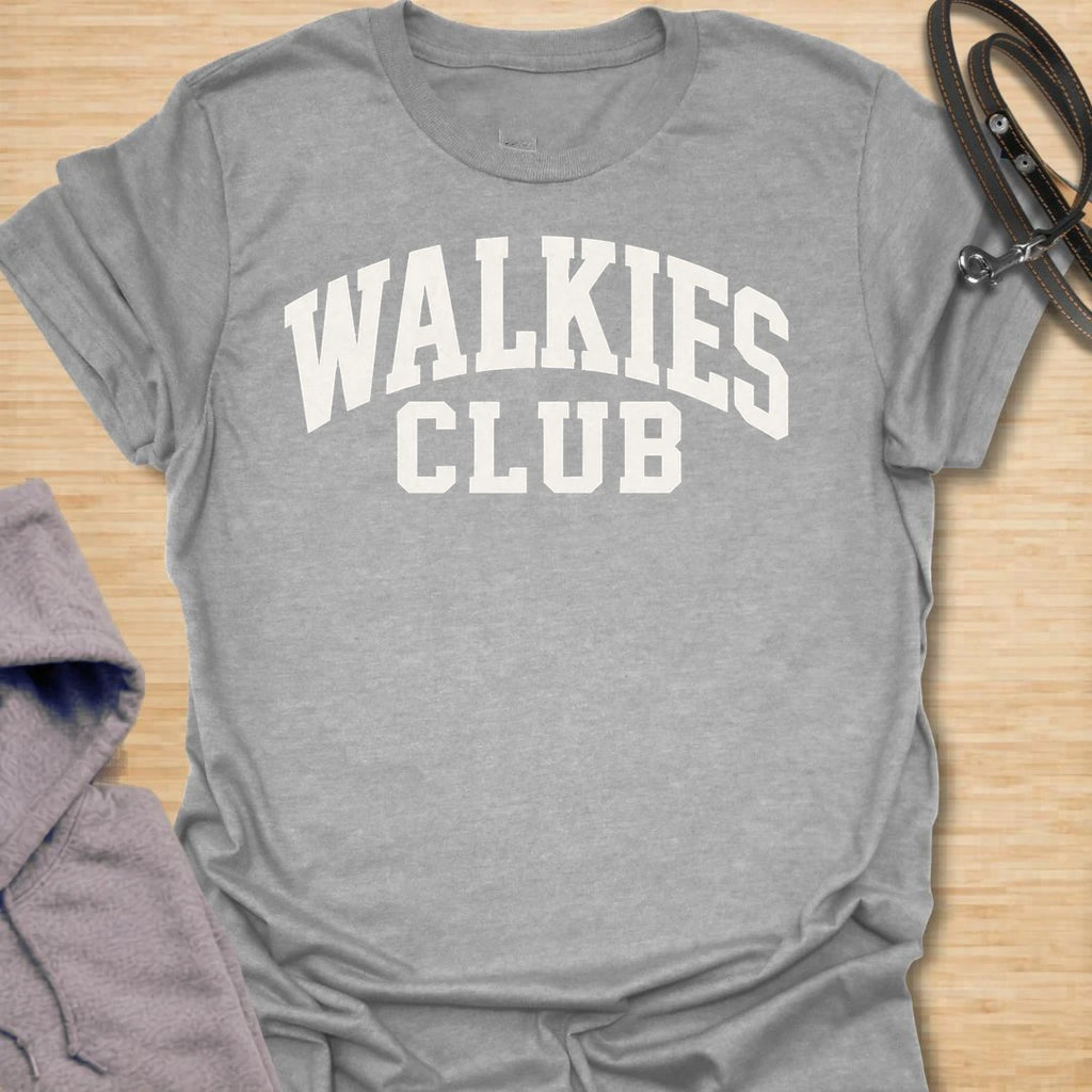 This Walkies Club t-shirt is made for dog owners who know the daily walk is less of a choice and more of a lifestyle. The clean varsity-style text design has a simple sporty look that works perfectly for dog moms, dog dads, rescue dog owners, and anyone whose day revolves around walk time. A great gift for dog walkers, pet parents, puppy owners, and anyone proudly signed up to the walkies club. Sport Grey