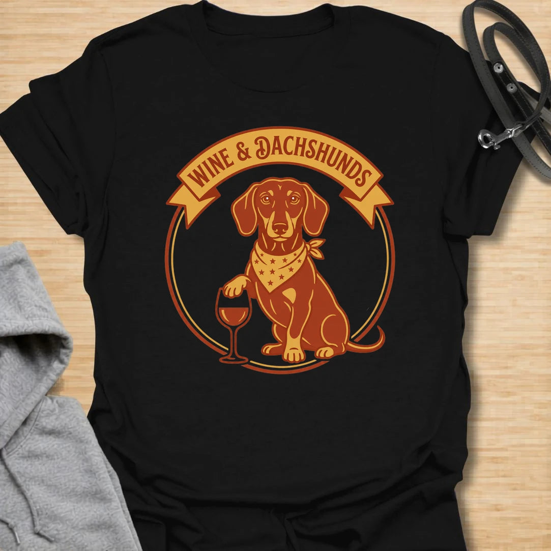 This wine and dachshunds t-shirt is made for doxie lovers who enjoy a good glass of wine and even better dog company. The warm vintage badge design features a dachshund with a wine glass, giving it a cozy, playful feel. It is perfect for dachshund moms, wine lovers, dog moms, and anyone whose ideal evening includes a long dog and a favorite drink. A fun gift for birthdays, dog mom friends, wine nights, or casual weekends at home.